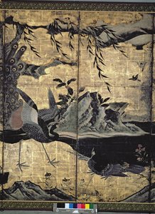 四季の鳥と花（ペンとインク、色、パネル上の金の紙）（216551、216553を参照） 作： Kano Soshu